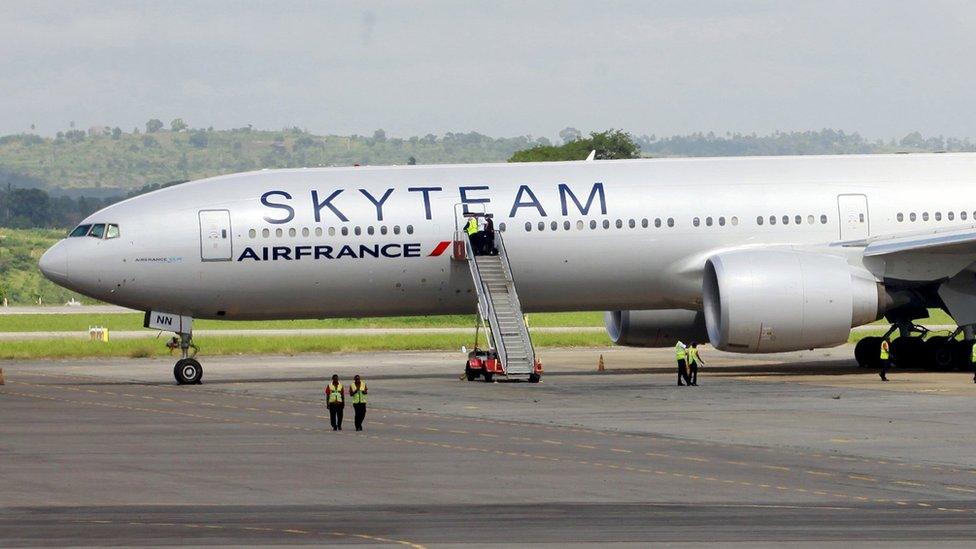 The Boeing 777 Air France flight 463 parked at Moi International Airport in Kenyan coastal city Mombasa, 20 December 2015.