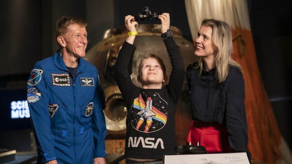 Harry, aged 10, the winner of The Institution of Engineering and Technology"s Super Realoes competition with Astronaut Major Tim Peake and former IET President Professor Danielle George MBE on Wednesday March 9, 2022.