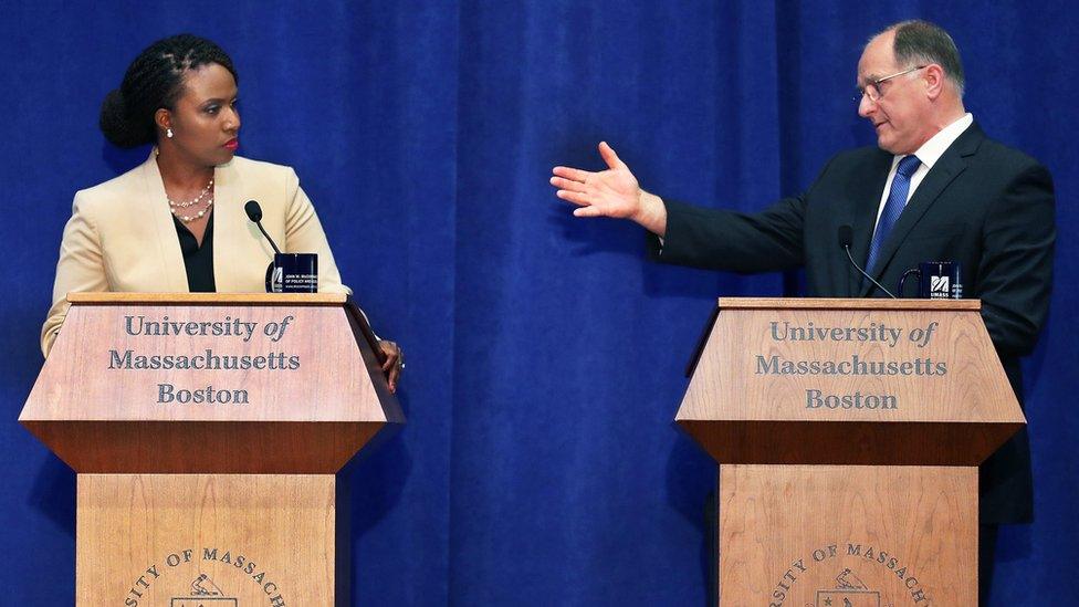 Challenger Ayanna Pressley, left, and incumbent Michael Capuano take part in a debate