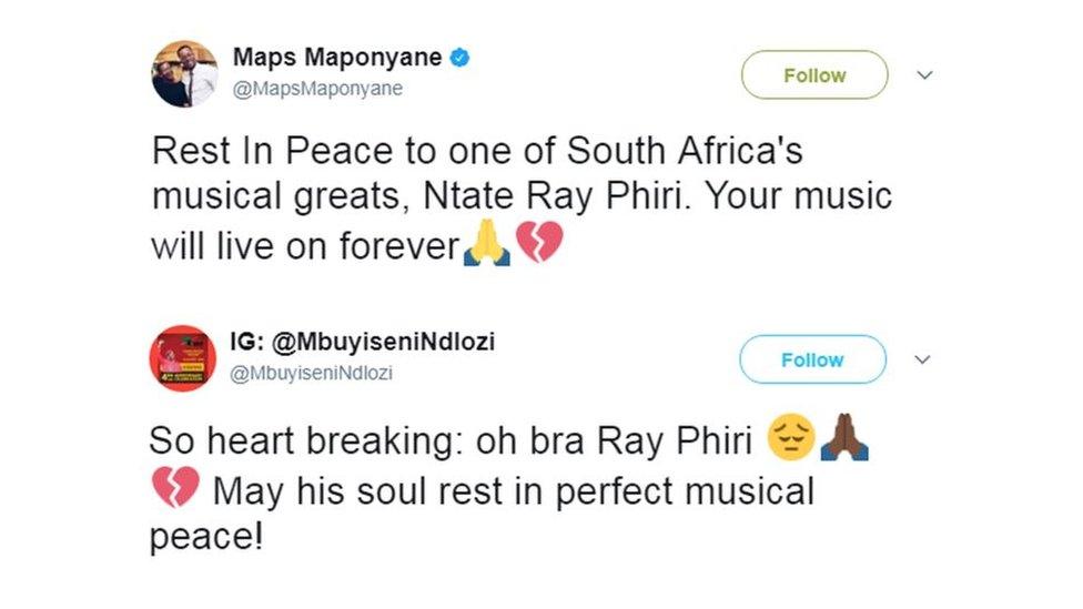 Two tweets sent by fans mourning the death of Ray Phiri