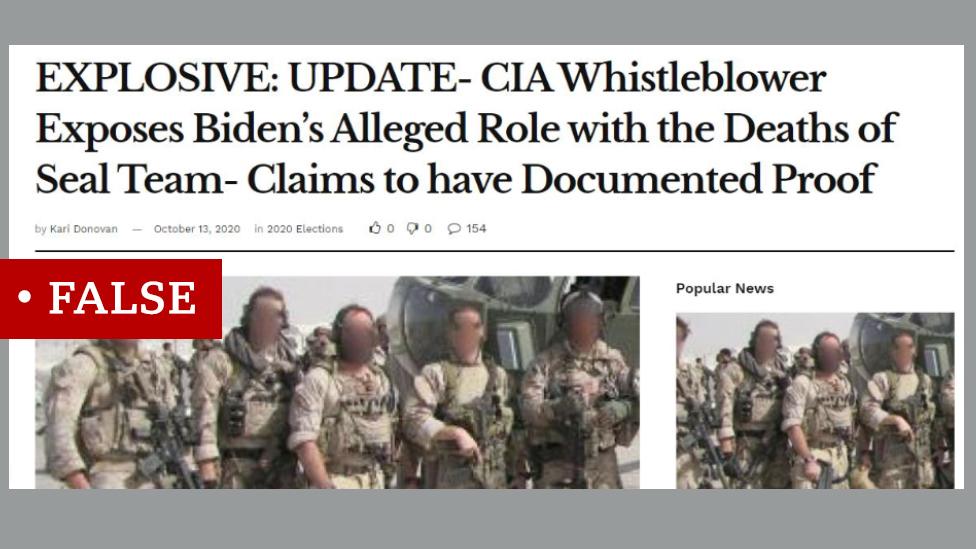 A screen shot from a news website labelled "False". They headline says: "EXPLOSIVE: UPDATE- CIA Whistleblower Exposes Biden's Alleged Role with the Deaths of Seal Team Claims to have Documented Proof"