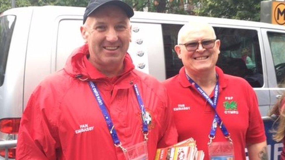 Vince Alm and Paul Corkrey offering advice, directions and other assistance to Wales fans in Toulouse