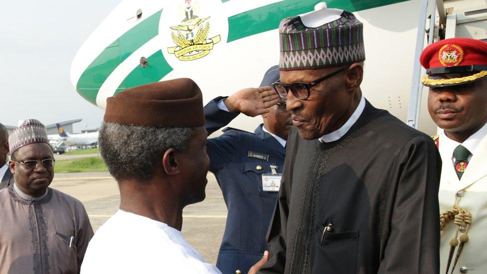 Nigerian President Muhammadu Buhari greeted by Vice President Professor Yemi Osinbajo