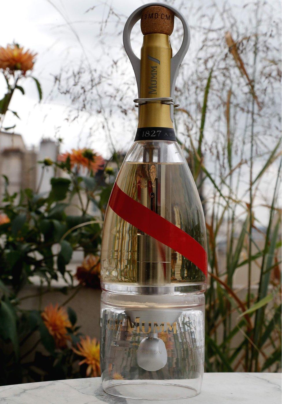 A bottle of Mumm Grand Cordon Stellar champagne, designed by French Interior designer Octave de Gaulle, in Paris, 6 September 2018