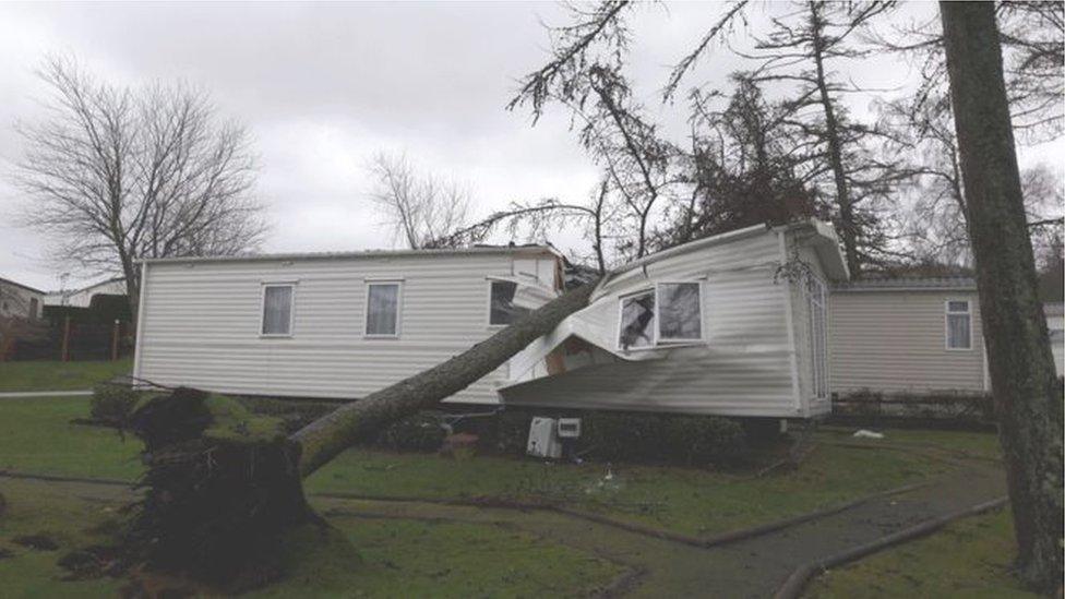 A wrecked caravan at Brynteg caravan park, Caernarfon