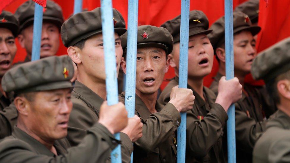 Parade participants carry the ruling Workers' Party flag