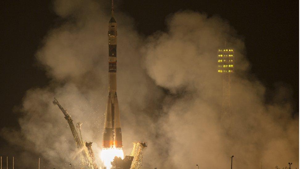 The Soyuz TMA-17M rocket launches from the Baikonur Cosmodrome