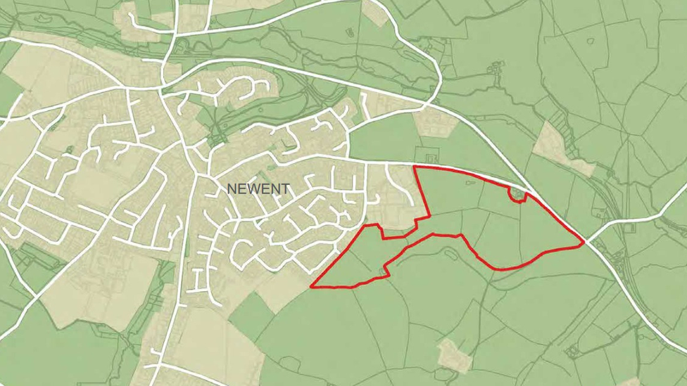 Map of plans submitted to the Forest of Dean District Council to develop almost 60 acres of agricultural land south of Gloucester Street, Newent.