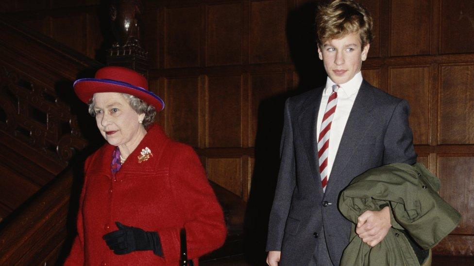 Queen Elizabeth II visits Port Regis School in Shaftesbury, Dorset, with grandson Peter Phillips, 23rd February 1991