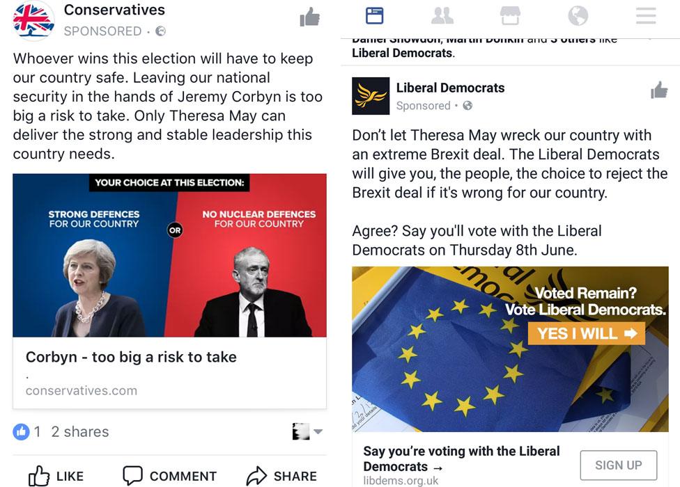 Screenshots from users of Conservative and Lib Dem adverts