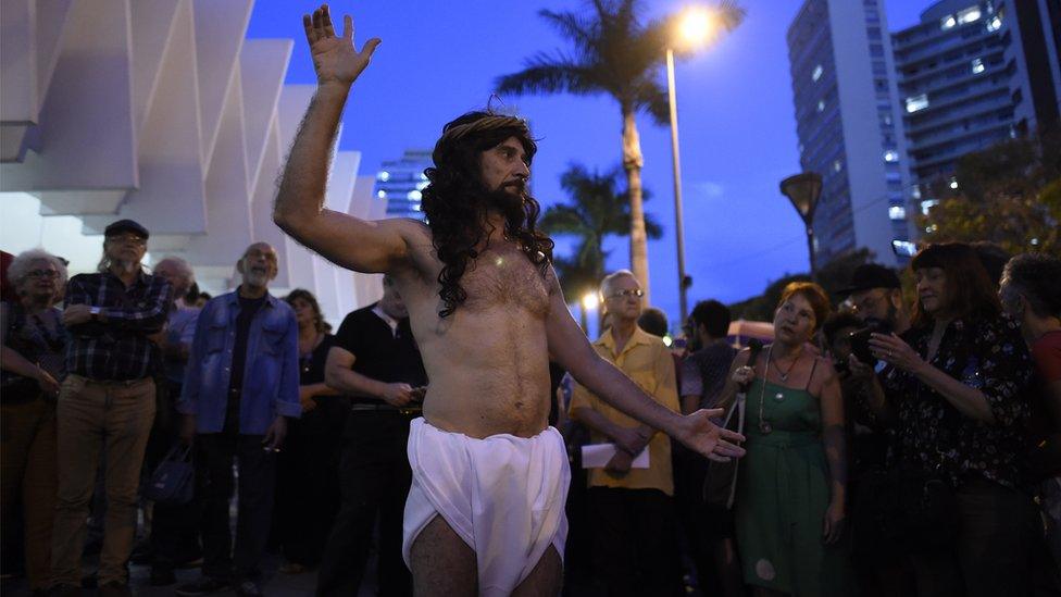 Artists and musicians gathered at the Palacio das Artes during the 'Faca Voce Mesmo Sua Capela Sistina' (Make Your Own Sistine Chapel) exhibition by artist Pedro Moraleida, in Belo Horizonte, Brazil on October 9, 2017