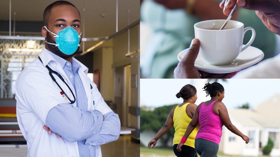 Left: Doctor in a mask in South Africa. Top right: Someone drinking a cup of tea in South Africa. Bottom right: Two women walking in South Africa