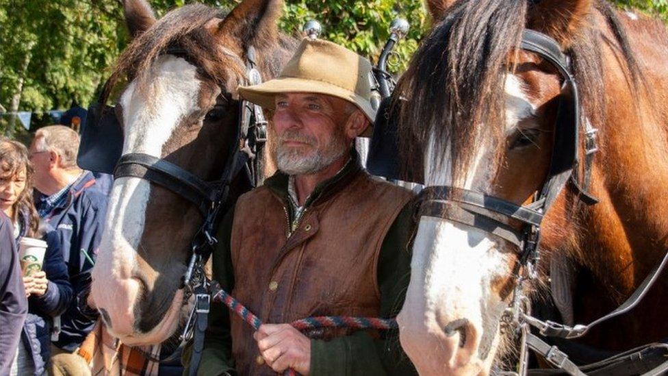 Jamie Alcock with William and Millie, his two Shire horses.