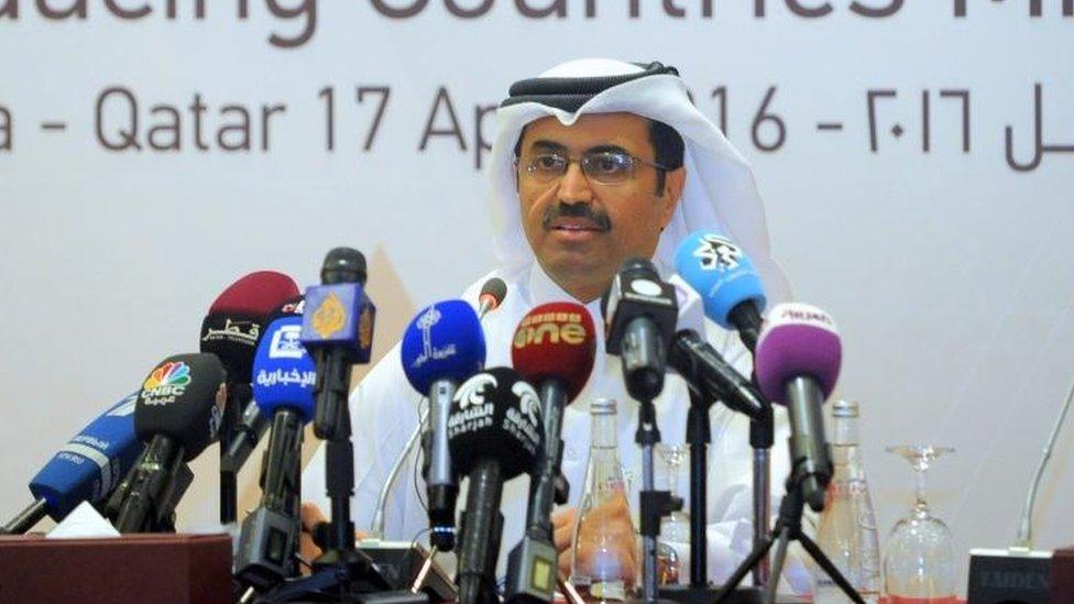 Qatari Minister of Energy and Industry Mohammed Saleh al-Sada attends a news conference following the oil-producers" meeting at Sheraton Hotel in Doha, Qatar