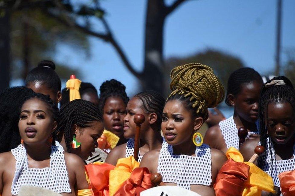 Zulu women gather during the MisuZulu kaZwelithini's traditional crowning ceremony of the new but disputed Zulu King Misuzulu kaZwelithini