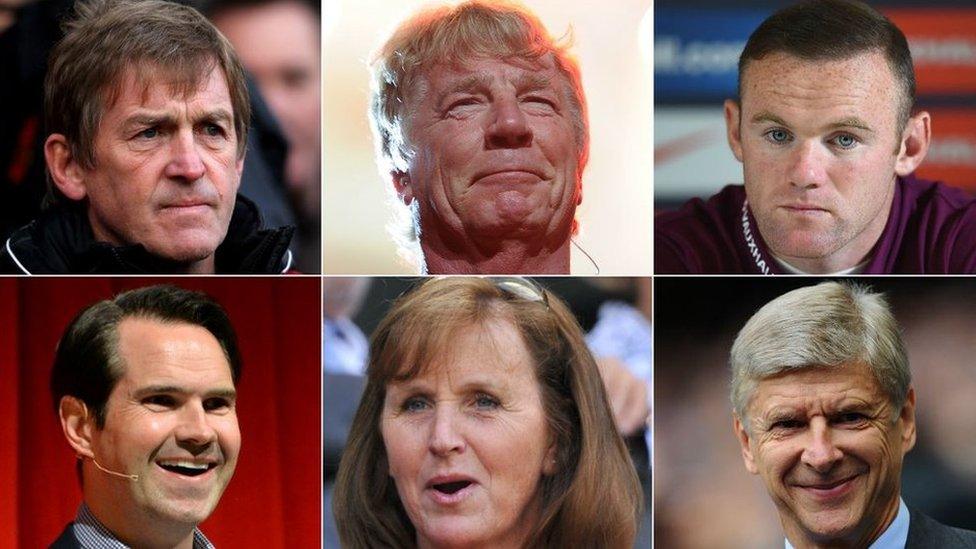 Clockwise from top left: Kenny Dalglish, Rick Parfitt, Wayne Rooney, Arsene Wenger, Lady Ann Redgrave, Jimmy Carr