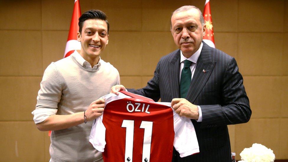 Turkish President Tayyip Erdogan meets with football player Mesut Ozil in London, May 13, 2018