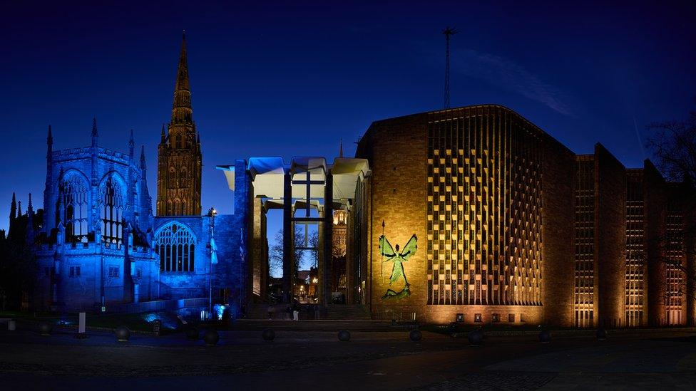 Coventry Cathedral lit up in the colours of Ukraine