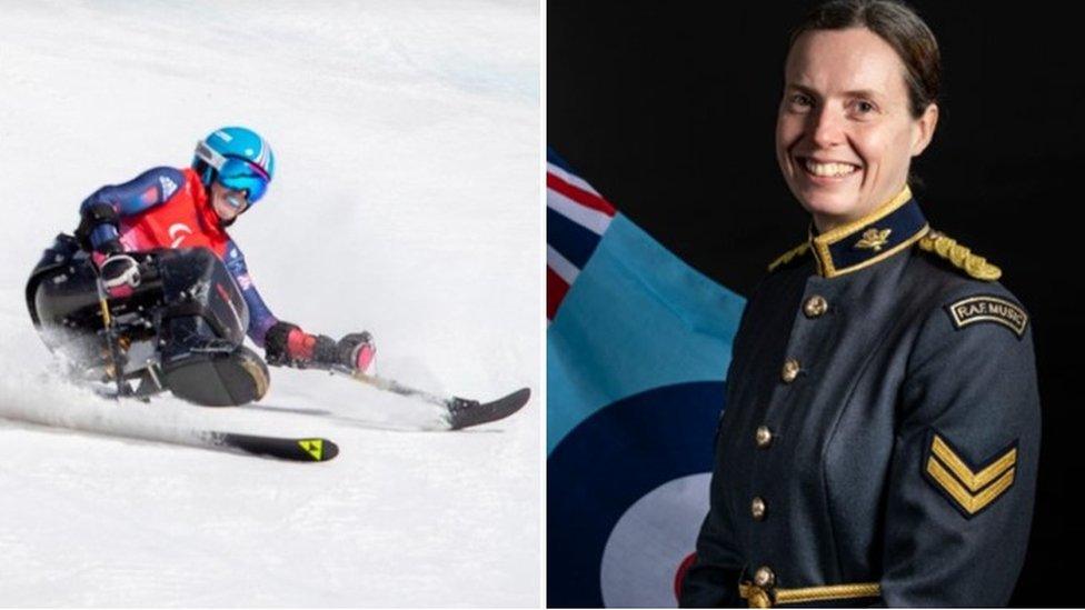 Left image shows Shona Brownlee sit-skiing at the Winter Paralympics, right image shows her in her RSF uniform