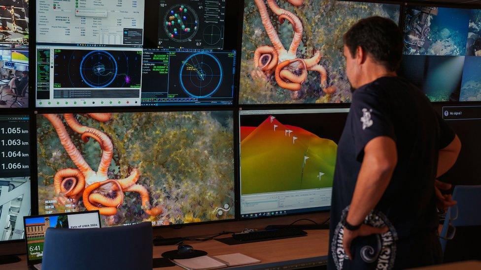 a scientist watches several monitors which show images of the ocean floor as well as graphs and maps