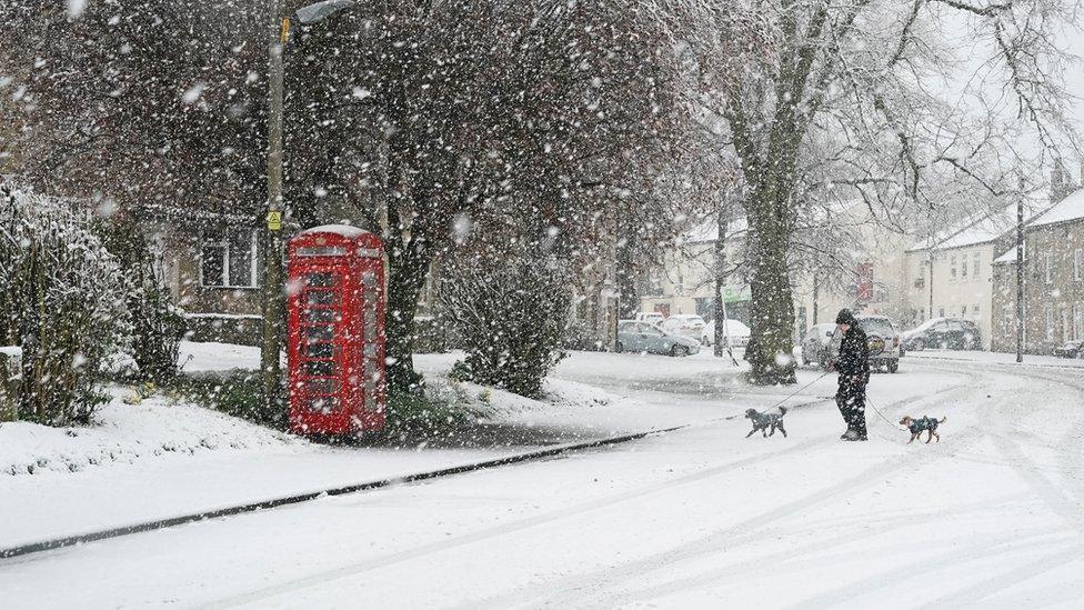 A dog walker in a snowy Allendale, in Northumberland