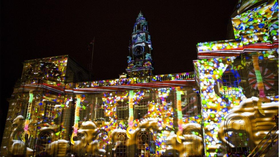 Buildings on Cathays Park were lit up on Saturday night