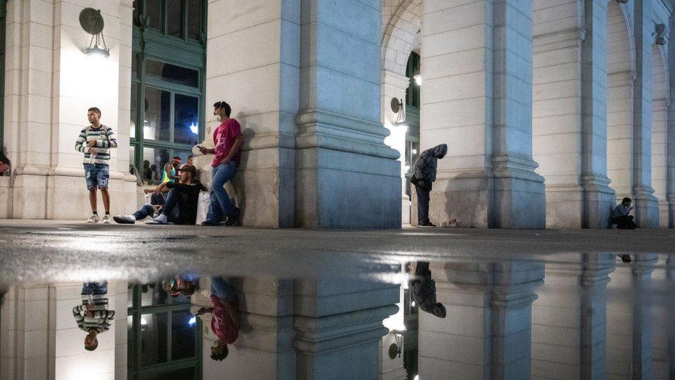 Migrants at Union Station after being bused in to Washington DC