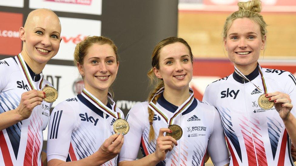 The GB team of (from left to right) Joanna Rowsell Shand, Laura Trott, Elinor Barker and Ciara Horne show off their World Championship bronze medal in 2016