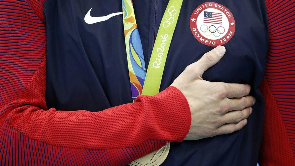 Michael Phelps during medal ceremony