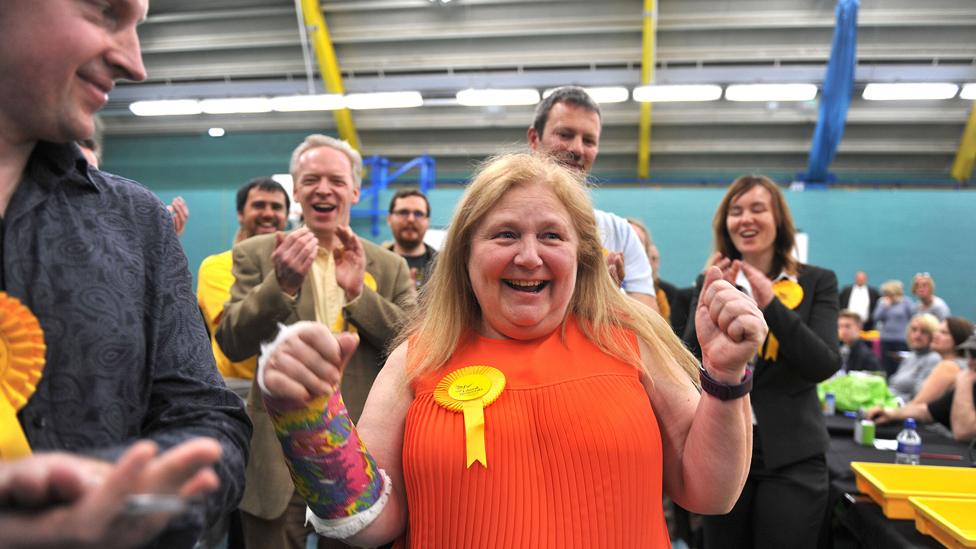 Liberal Democrat candidate for Chelmsford West, Jude Deakin (centre) celebrates with colleagues after retaining her seat in the Essex County Council local elections at Riverside Ice ^ Leisure Centre in Chelmsford, Essex