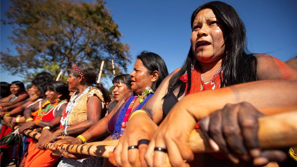 Indigenous women of different ethnic groups participate in the Indigenous Women March in Brasilia