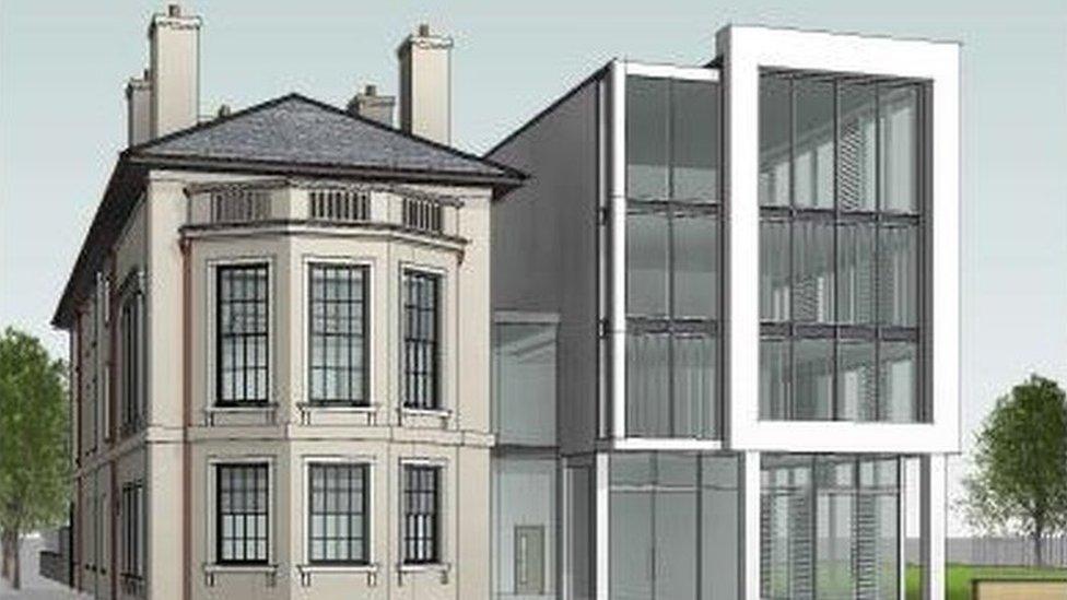 The plans show the existing building on the left and the proposed new building on the right