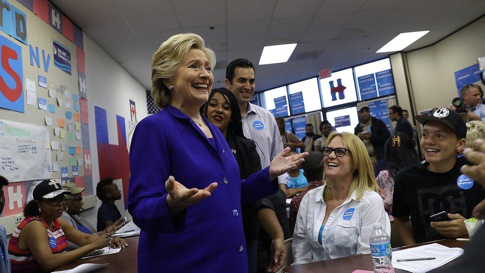 Democratic presidential nominee Hillary Clinton greets volunteers at a campaign field office on November 2, 2016 in North Las Vegas, Nevada.