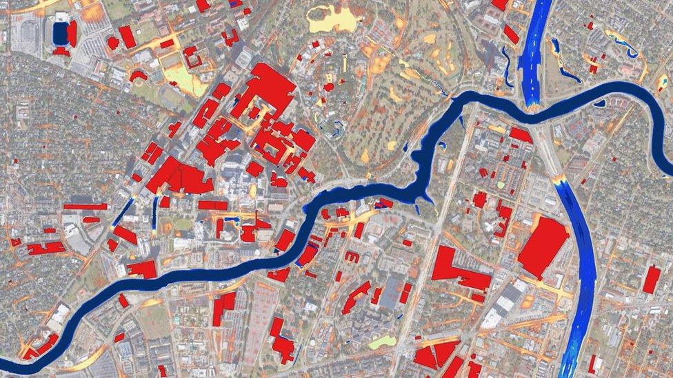 A 7Analytics map of Houston, with areas that are of particular risk of flooding in red