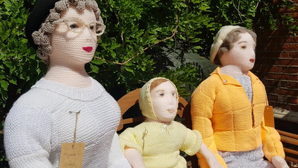 Knitted characters in garden at Chiswick House