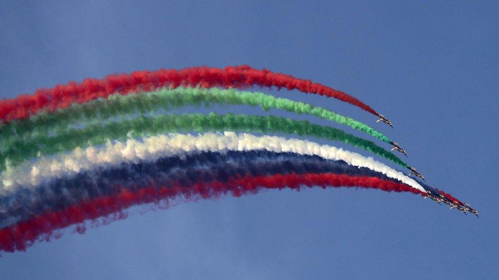 UAE's Al-Fursan display team perform during the Dubai Airshow on November 14, 2017