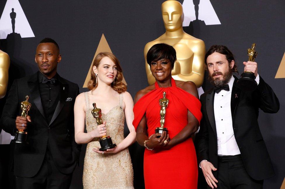 Best Supporting Actor Mahershala Ali, for Moonlight, Best Actress Emma Stone for La La Land, Best Supporting Actress Viola Davis, for Fences and Best Actor Casey Affleck for Manchester by the Sea hold their Oscars