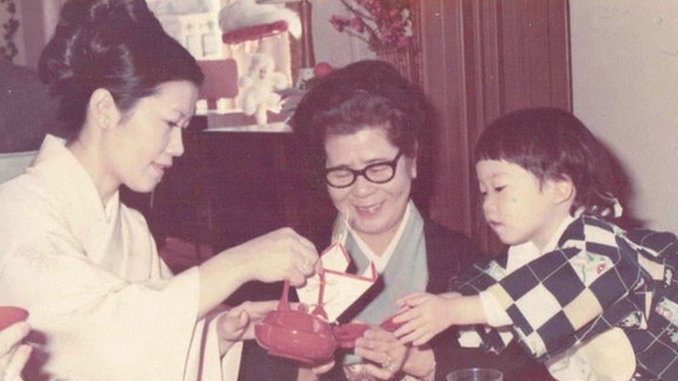 William Saito with grandma and mum