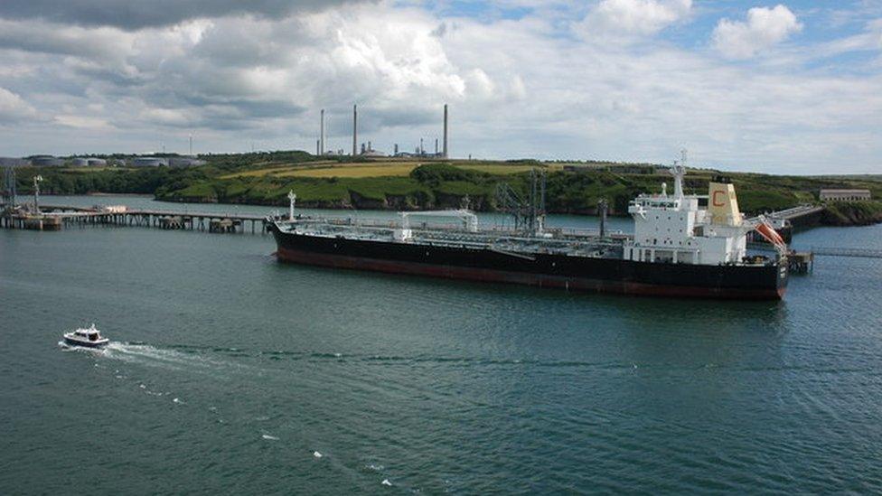 Ship and Milford Haven oil refinery in the background