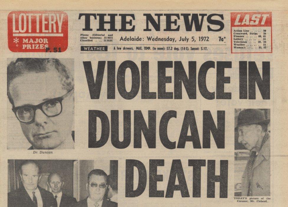 A 1972 newspaper report on the death of Dr George Duncan, also showing a coroner and police chiefs, none of whom were suspected in the death