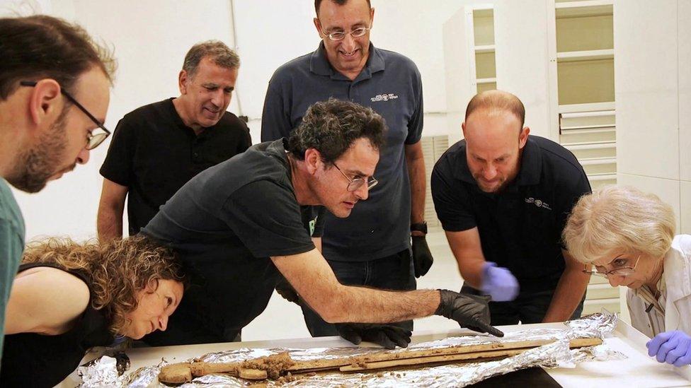 Israel Antiquity Authority researchers examining the swords. Photography Emil Aladjem Israel Antiquities Authority