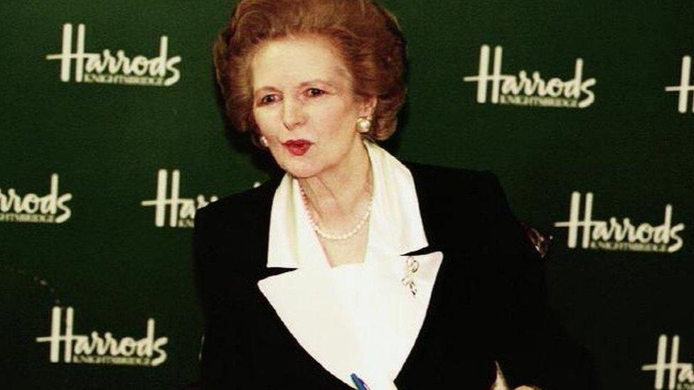 Margaret Thatcher signing a copy of her memoirs in Harrods in 1995