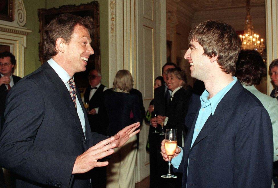 Prime Minister Tony Blair and Oasis star Noel Gallagher at 10 Downing Street reception on 30 July 1997