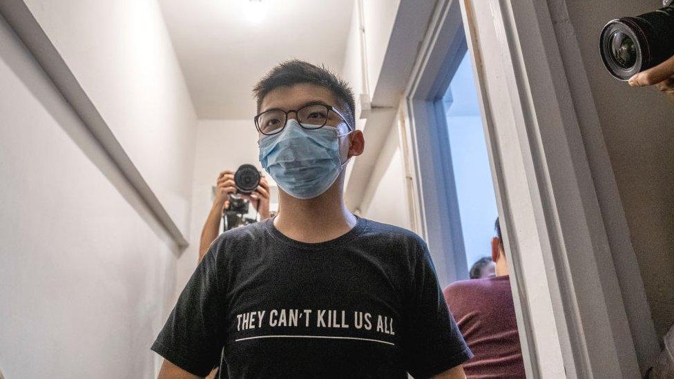 Joshua Wong is seen leaving a press conference on July 31, 2020 in Hong Kong, China.