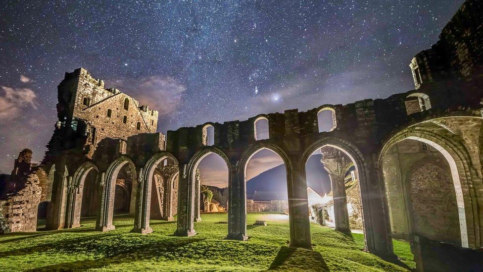 Monmouthshire's Llanthony Priory under Orion, Taurus, and the Milky Way