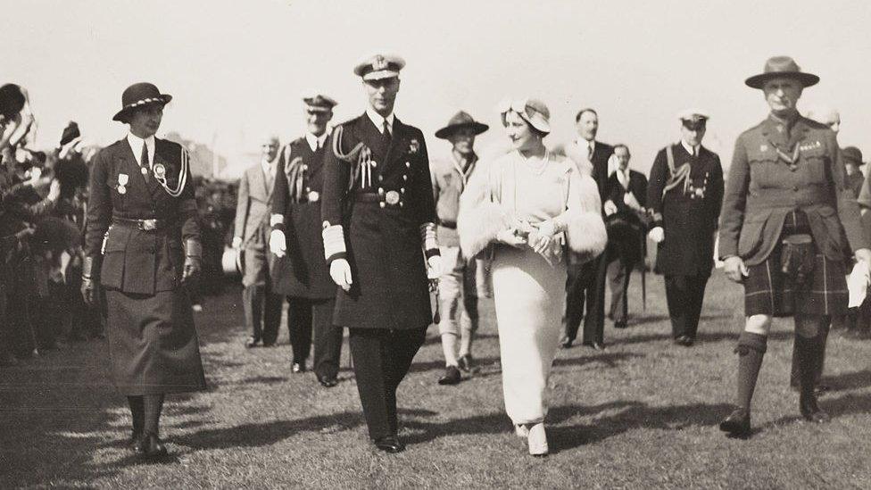 NORTHERN IRELAND - DECEMBER 11: A photograph of the visit of King George VI (1895-1952) and Queen Elizabeth (1900-2002), taken by an unknown photographer in 1937. This photograph is from an album compiled by Kodak Limited to record the coronation of George VI and Queen Elizabeth on 12 May 1937. George VI was the second son of George V and Mary of Teck. In 1923 he married Lady Elizabeth Bowes-Lyon, who bore him two daughters, Elizabeth (Queen Elizabeth II) and Margaret. He died from cancer on 6 February, 1952. (Photo by SSPL/Getty Images)