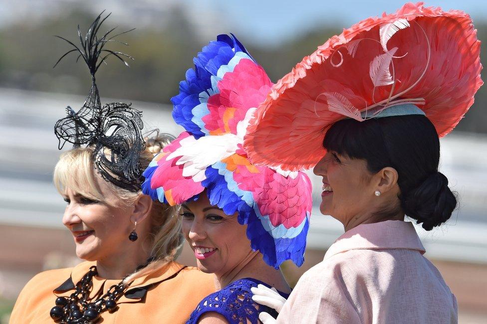 Women in fancy hats at Flemington Racecourse, Melbourne (3 Nov 2015)