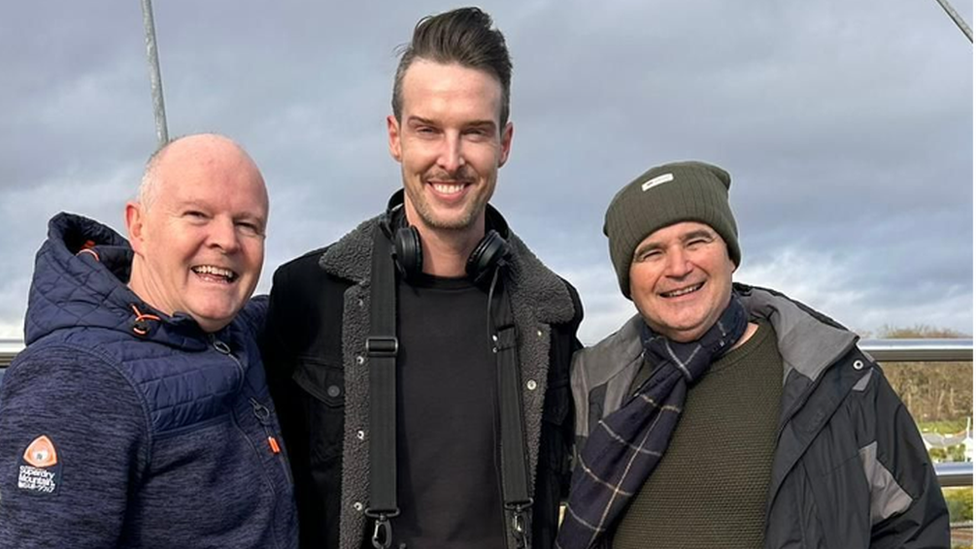 Documentary producer Proinsias Ó Coinn (centre) with Patrick and Raymond