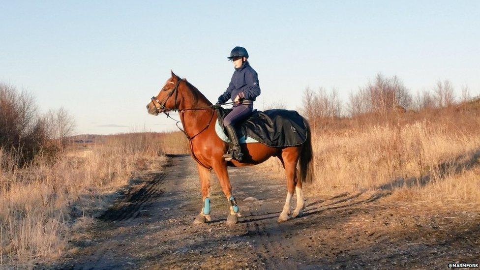 A picture of a horse and rider, posted on Twitter by Izabelle Marmfors, as part of the #blueforBonnie campaign