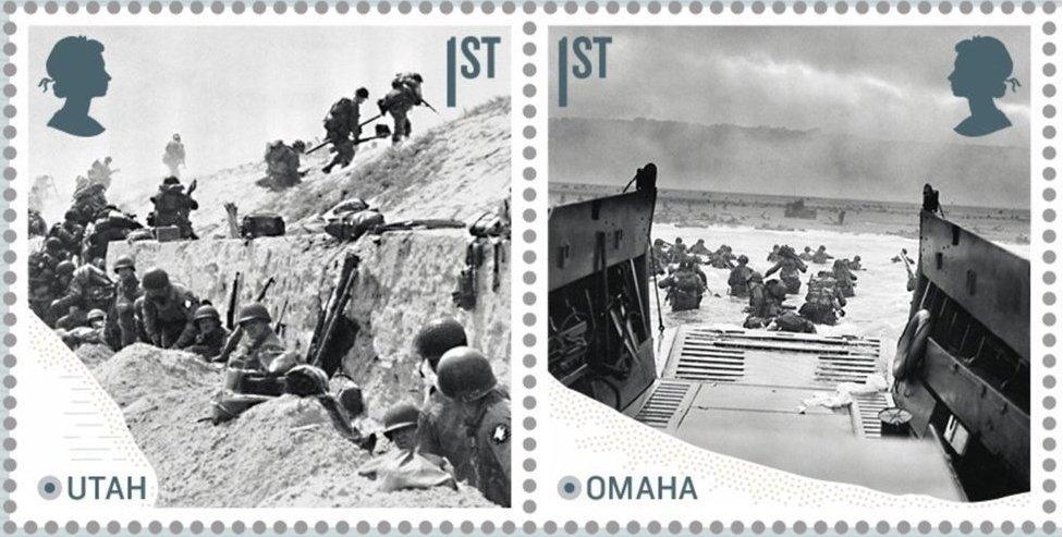 Stamp collections for D-Day Landings anniversary showing troops on Utah and Omaha beaches